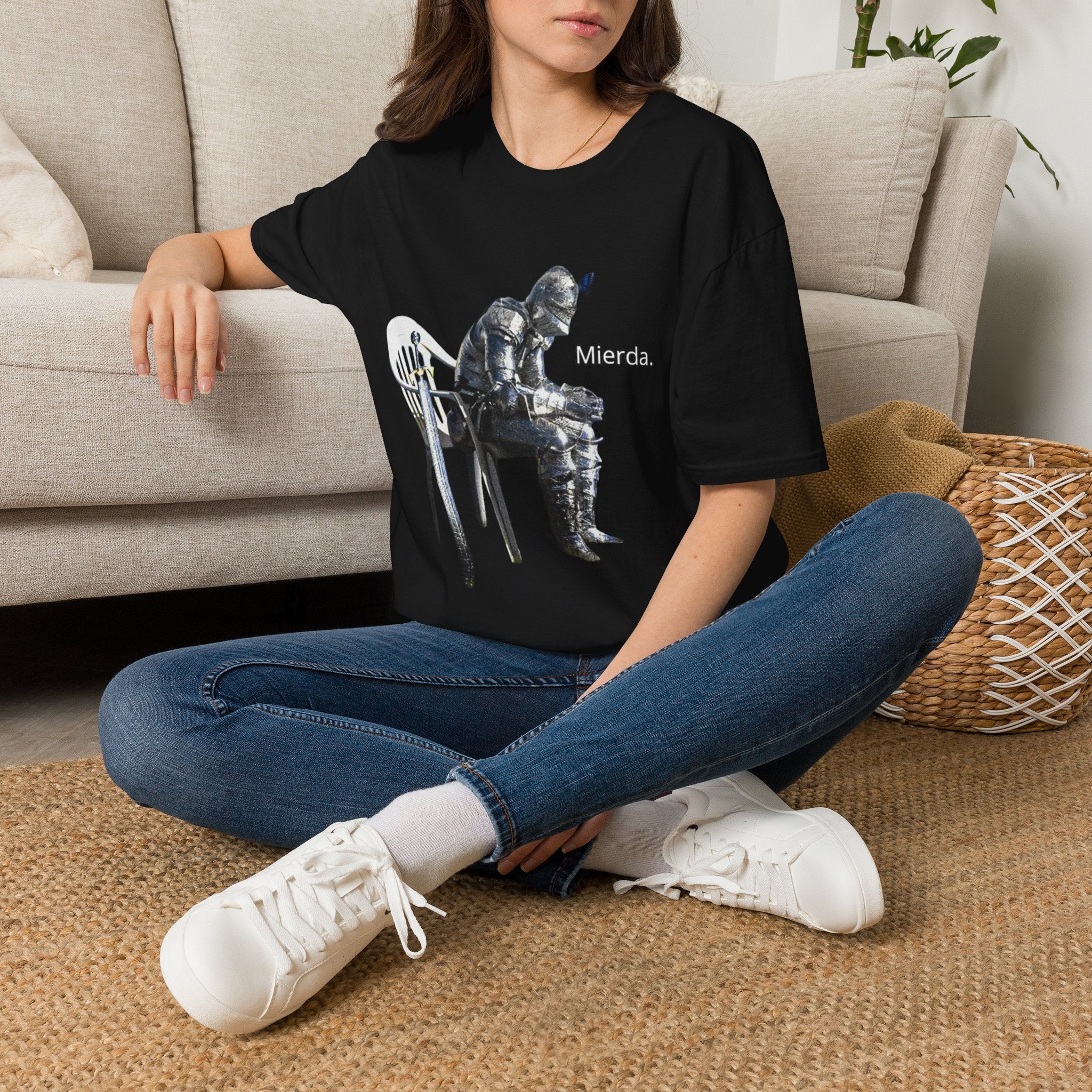 T-Shirt — Knight Sitting Graphic Tee with “Mierda.” Text, Funny Dark Humor Medieval Shirt