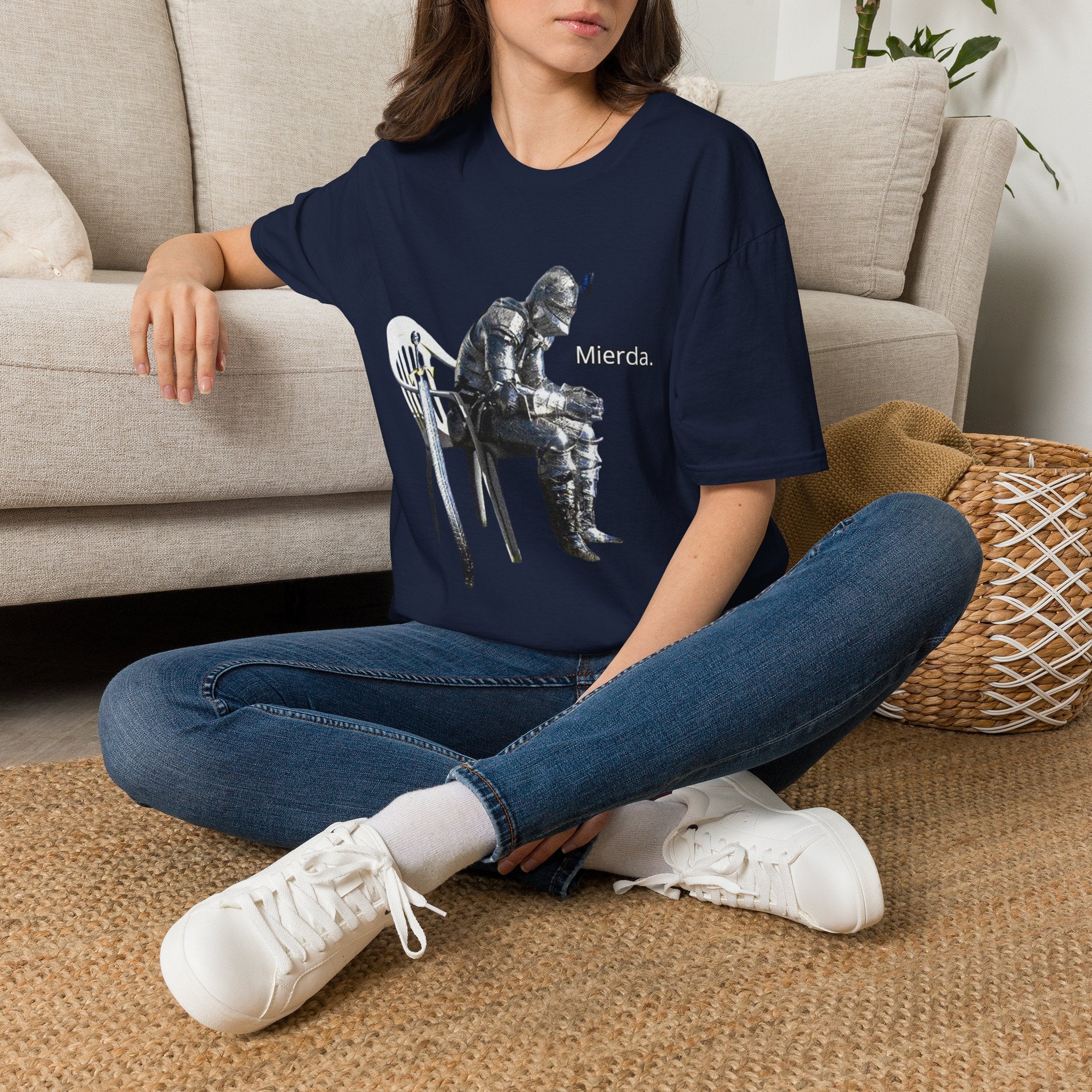 T-Shirt — Knight Sitting Graphic Tee with “Mierda.” Text, Funny Dark Humor Medieval Shirt