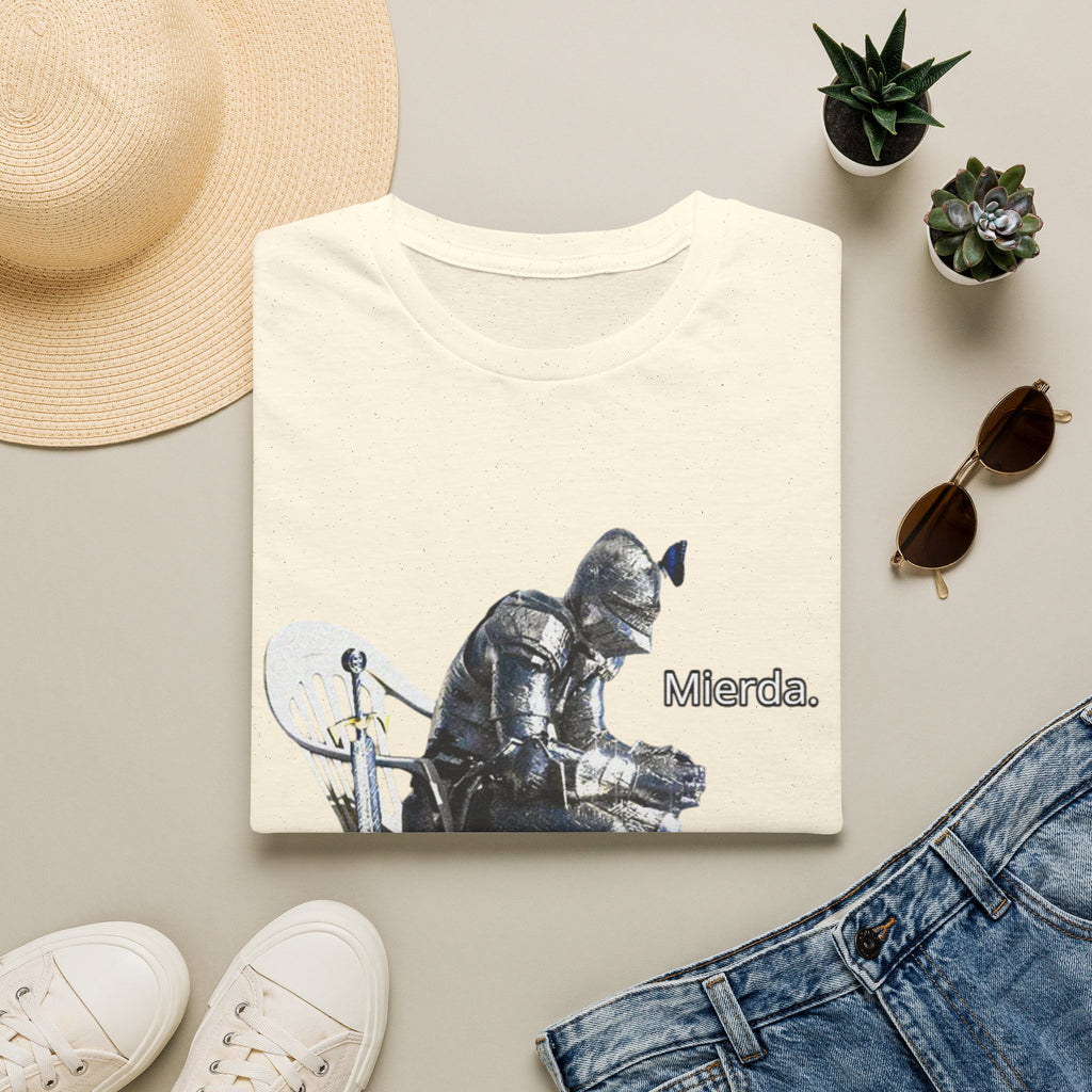 T-Shirt — Knight Sitting Graphic Tee with “Mierda.” Text, Funny Dark Humor Medieval Shirt