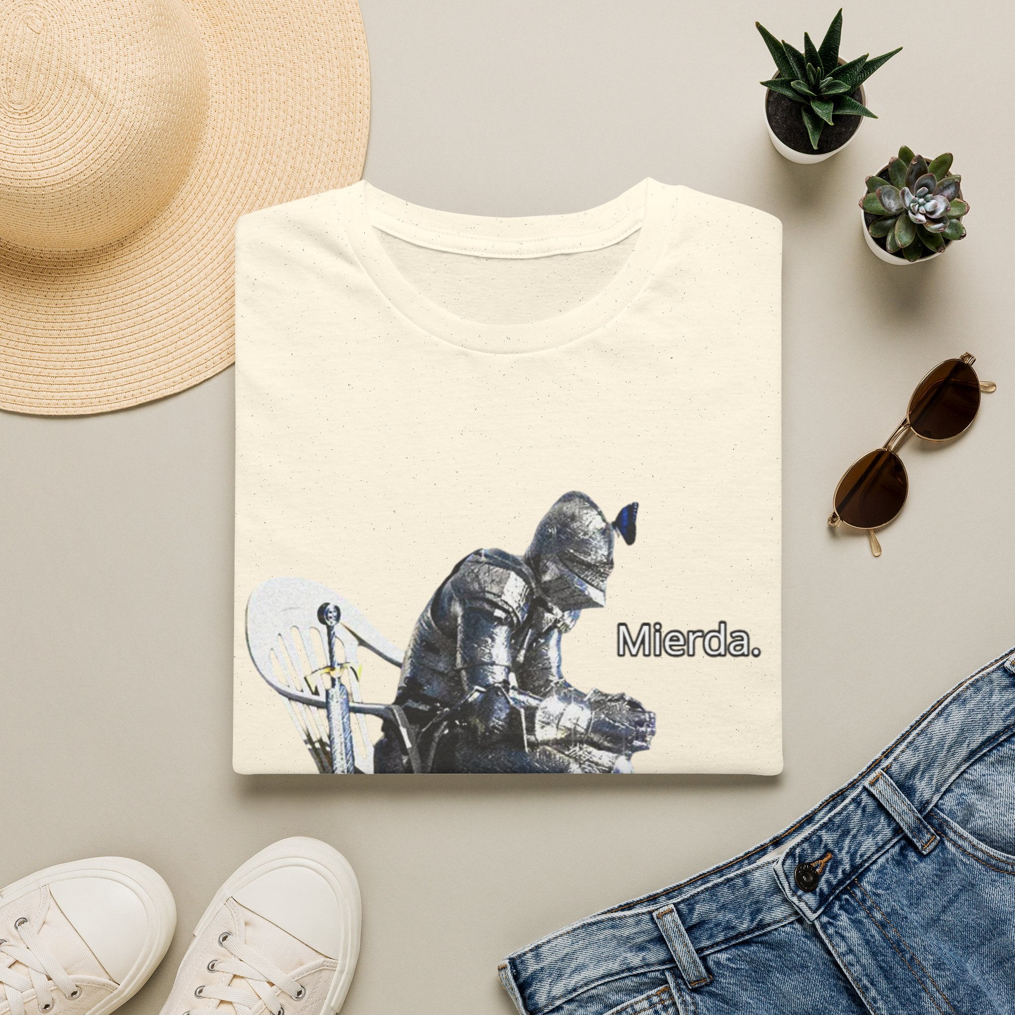 T-Shirt — Knight Sitting Graphic Tee with “Mierda.” Text, Funny Dark Humor Medieval Shirt