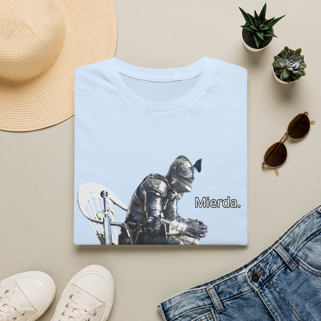 T-Shirt — Knight Sitting Graphic Tee with “Mierda.” Text, Funny Dark Humor Medieval Shirt