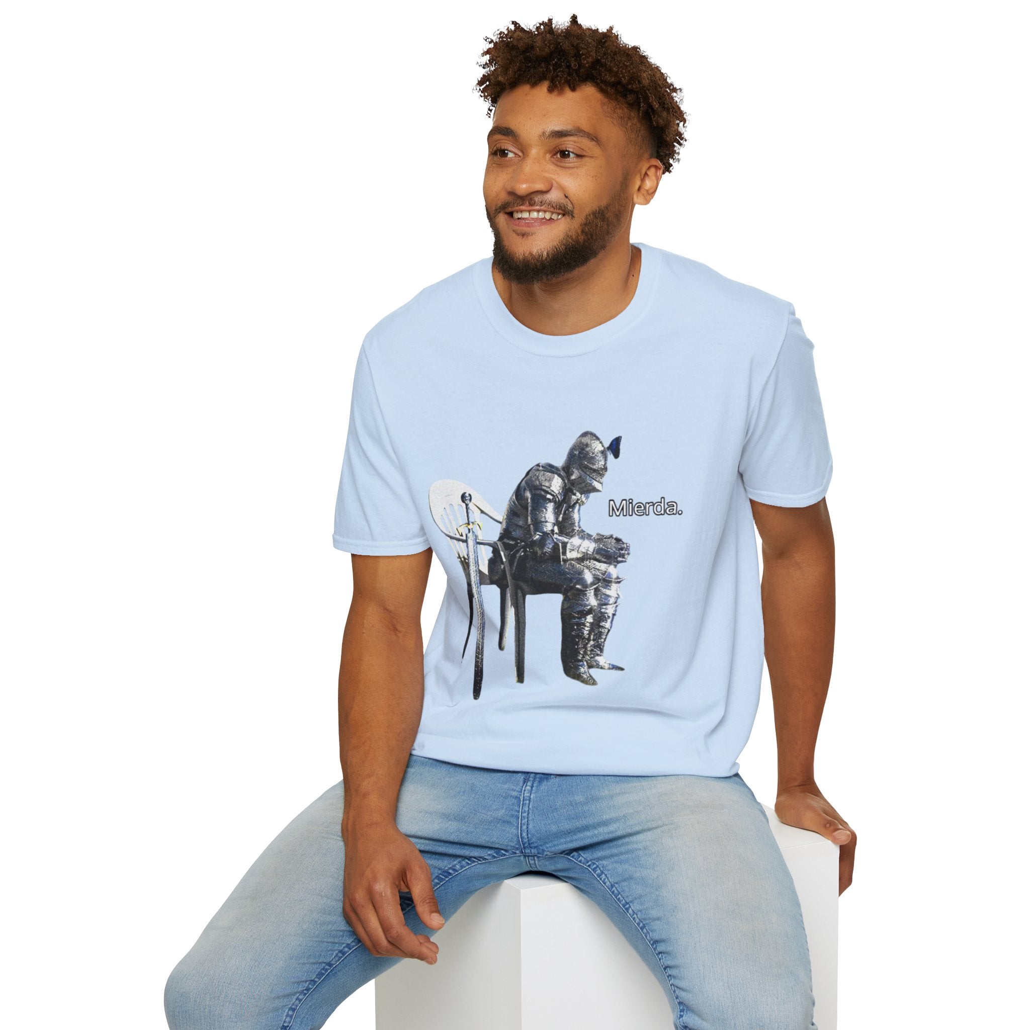 T-Shirt — Knight Sitting Graphic Tee with “Mierda.” Text, Funny Dark Humor Medieval Shirt