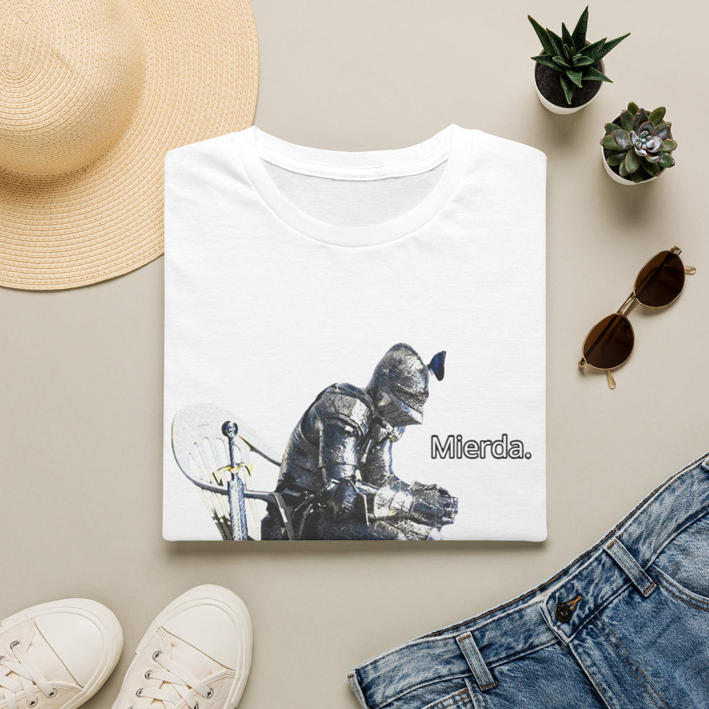 T-Shirt — Knight Sitting Graphic Tee with “Mierda.” Text, Funny Dark Humor Medieval Shirt