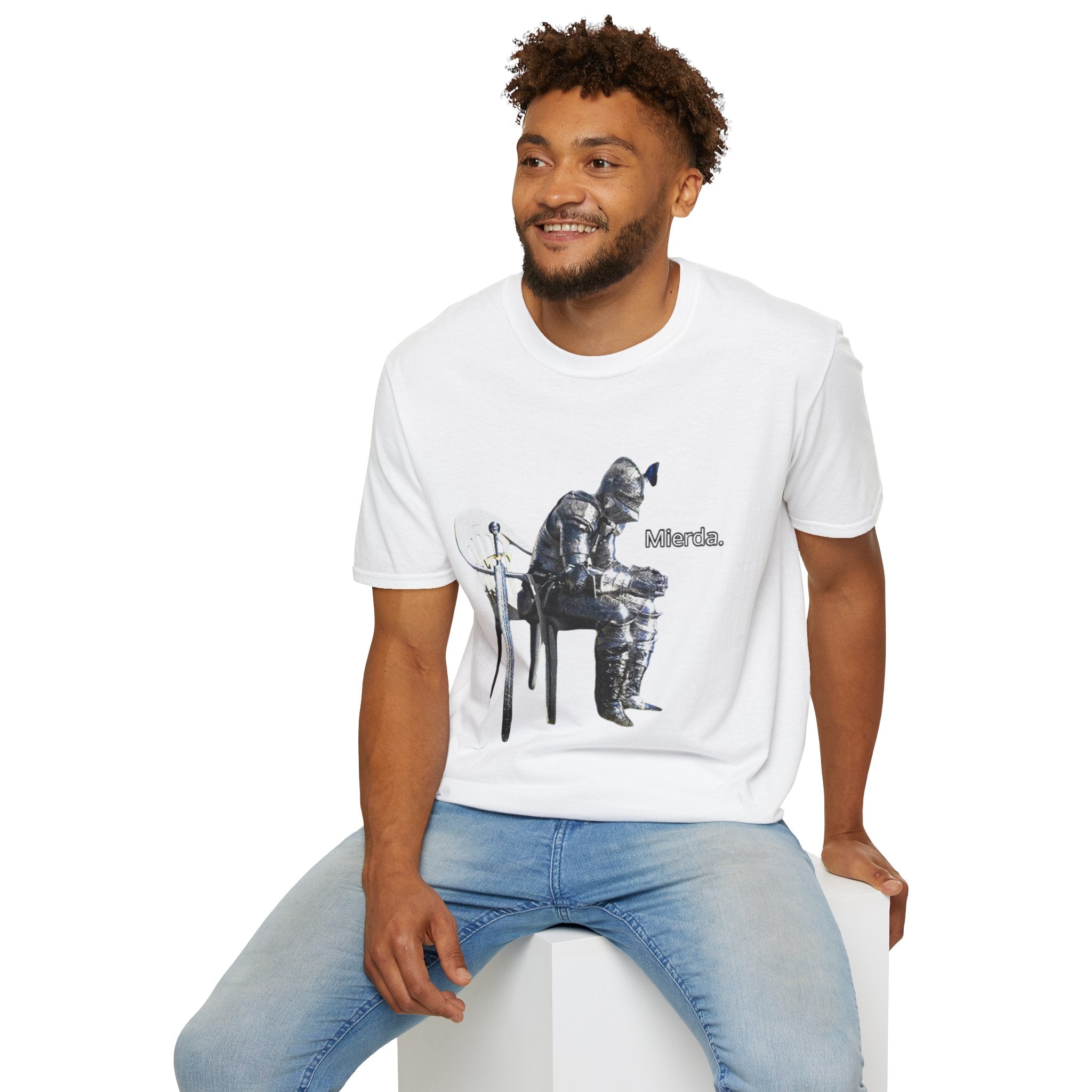 T-Shirt — Knight Sitting Graphic Tee with “Mierda.” Text, Funny Dark Humor Medieval Shirt