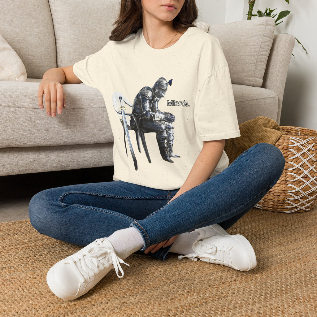 T-Shirt — Knight Sitting Graphic Tee with “Mierda.” Text, Funny Dark Humor Medieval Shirt