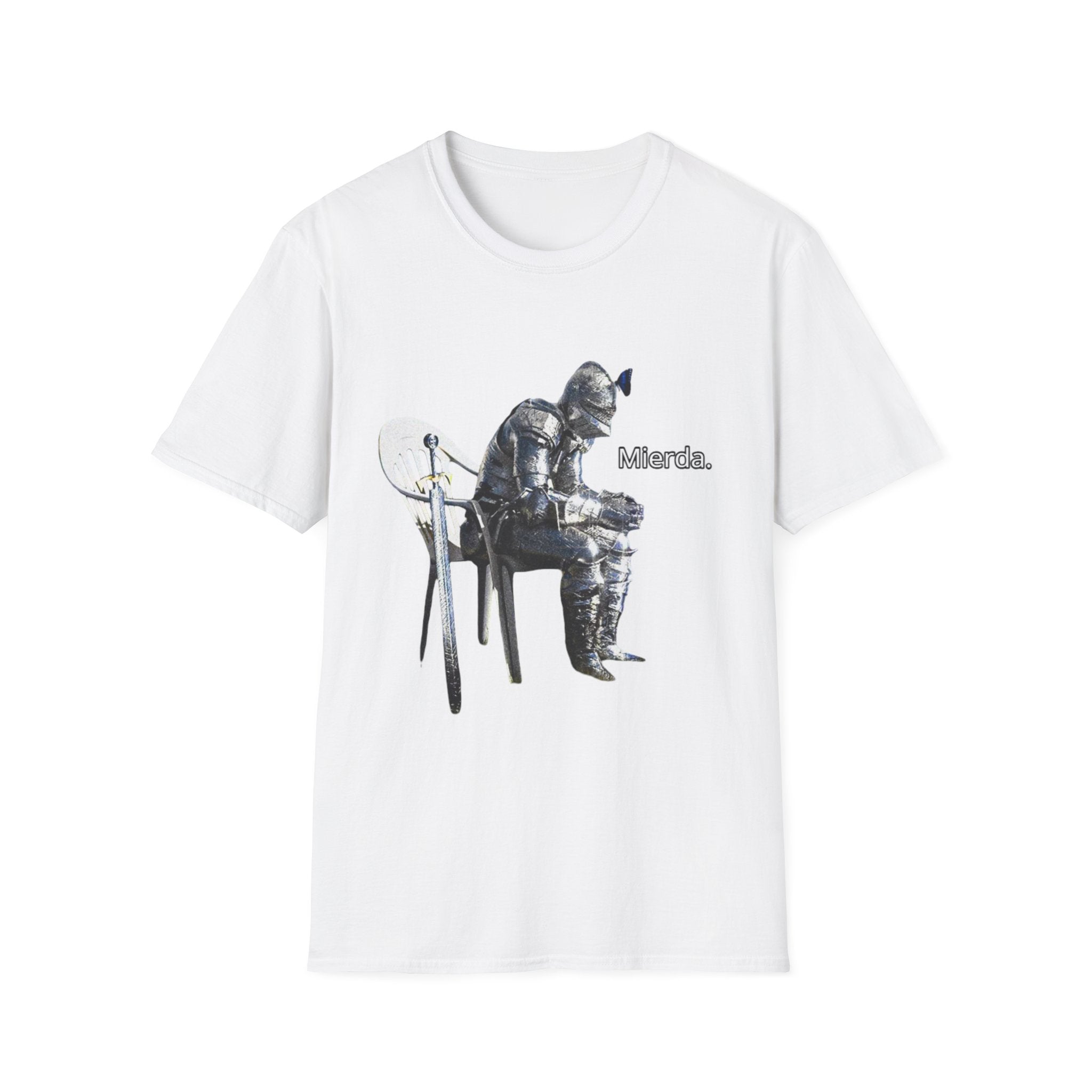 T-Shirt — Knight Sitting Graphic Tee with “Mierda.” Text, Funny Dark Humor Medieval Shirt
