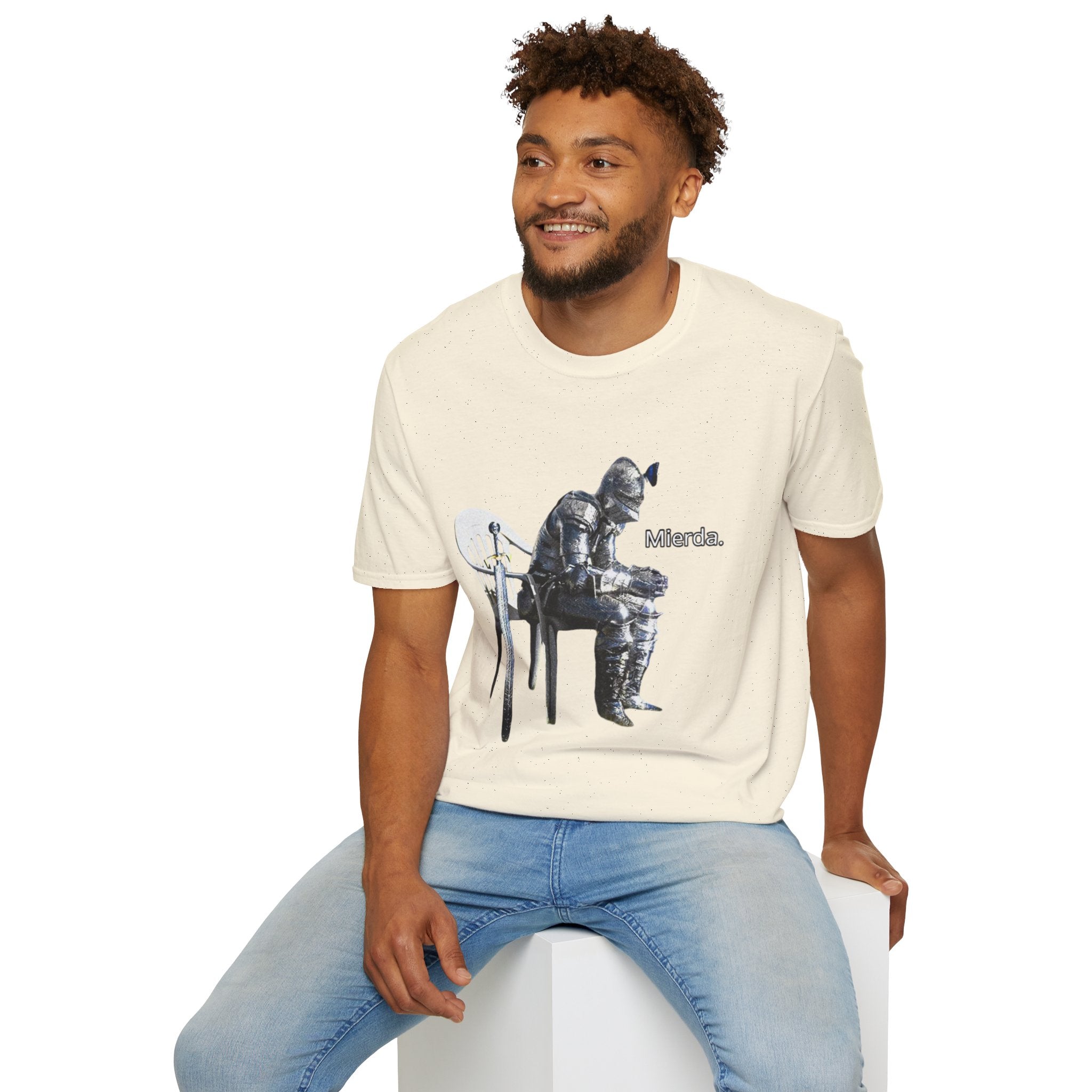 T-Shirt — Knight Sitting Graphic Tee with “Mierda.” Text, Funny Dark Humor Medieval Shirt