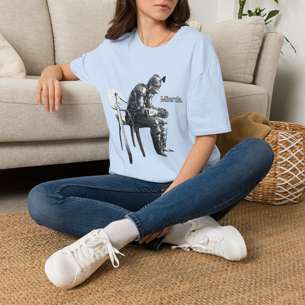 T-Shirt — Knight Sitting Graphic Tee with “Mierda.” Text, Funny Dark Humor Medieval Shirt