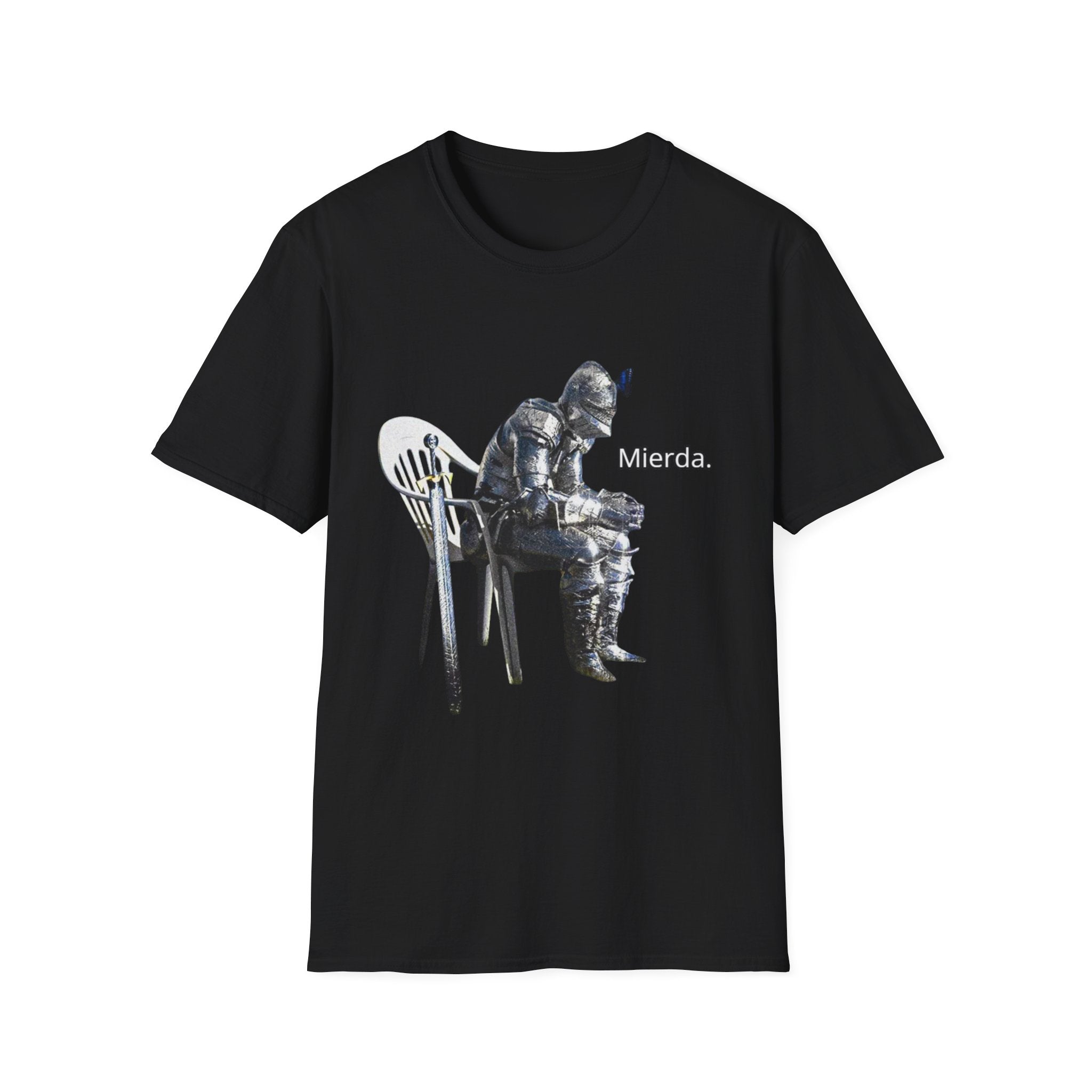 T-Shirt — Knight Sitting Graphic Tee with “Mierda.” Text, Funny Dark Humor Medieval Shirt