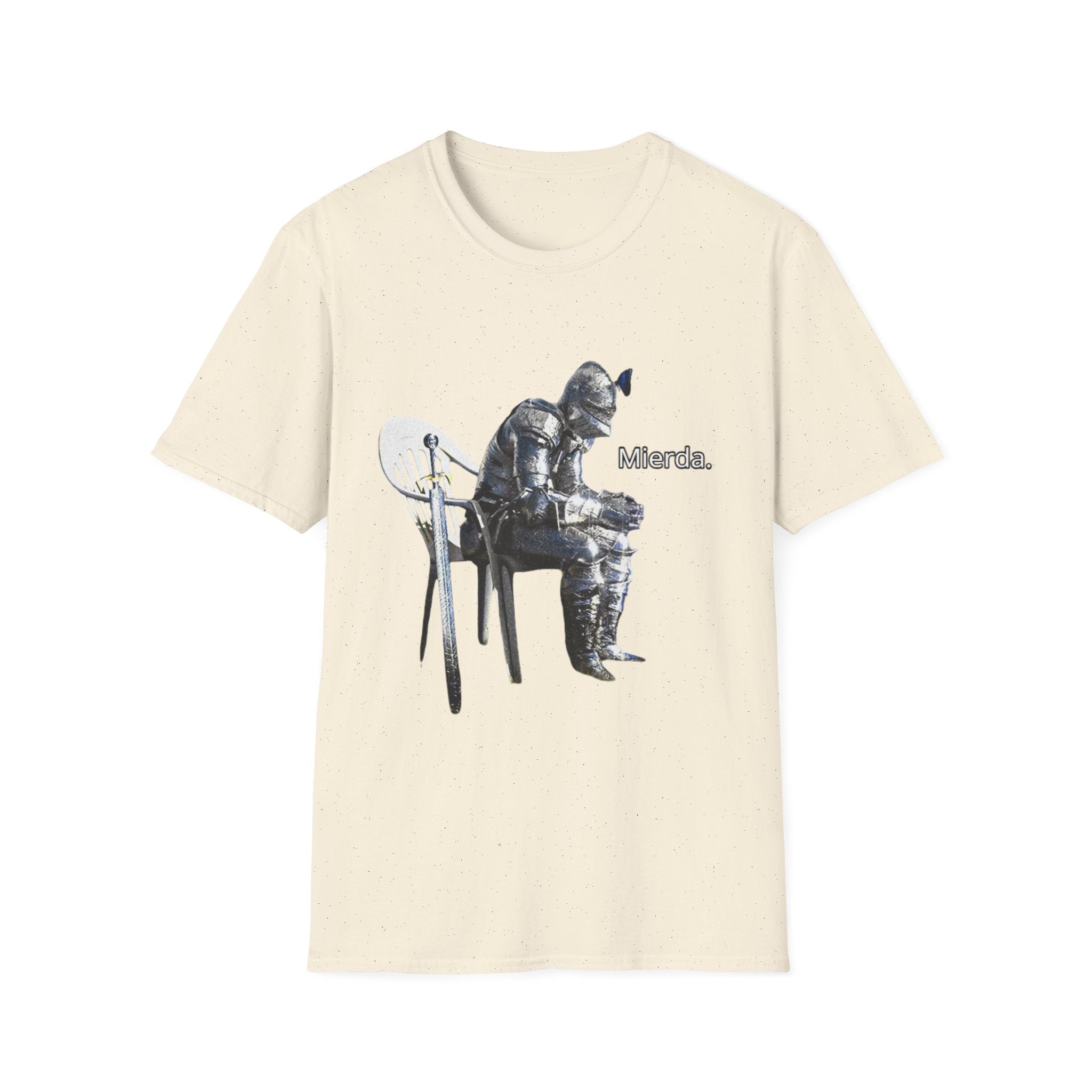 T-Shirt — Knight Sitting Graphic Tee with “Mierda.” Text, Funny Dark Humor Medieval Shirt