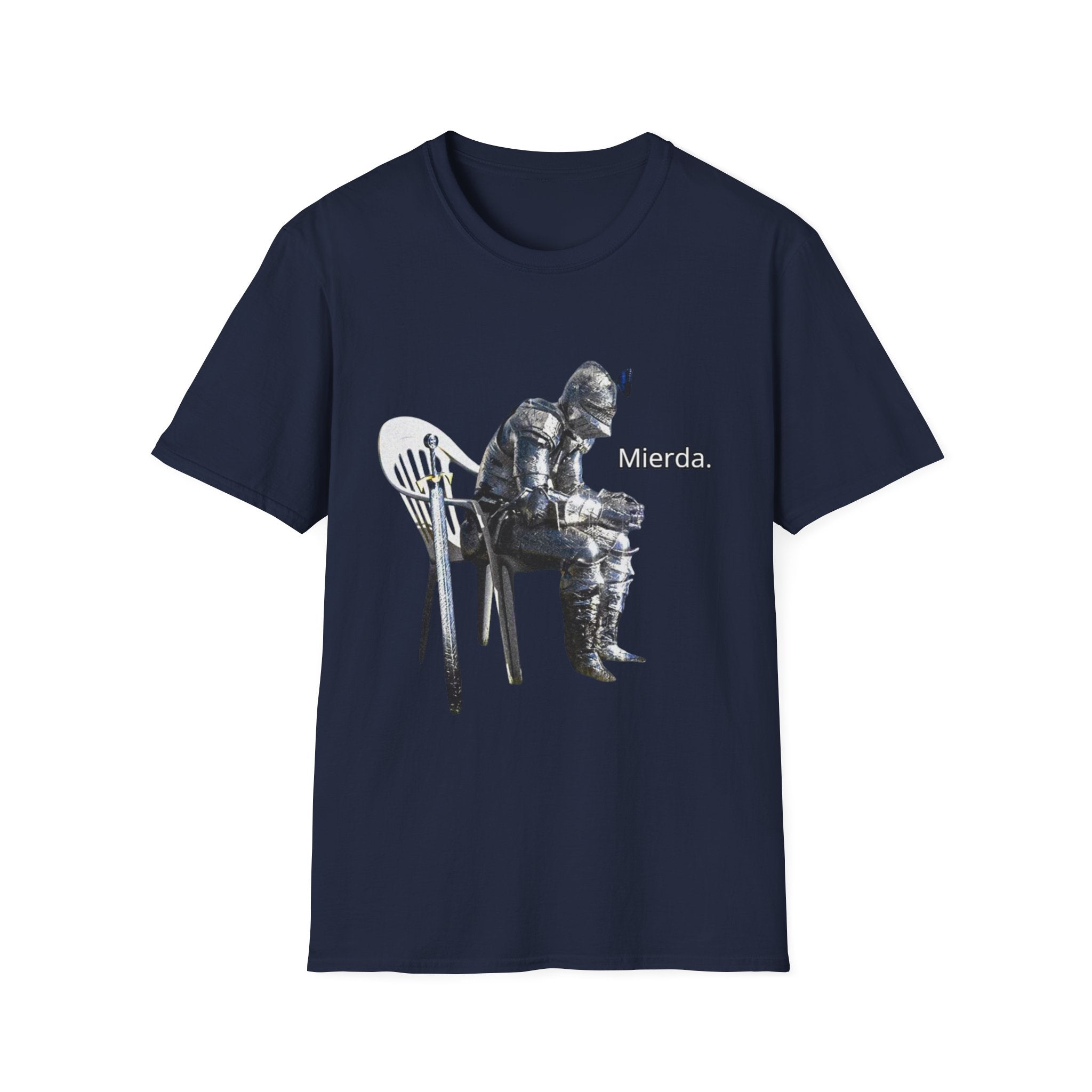 T-Shirt — Knight Sitting Graphic Tee with “Mierda.” Text, Funny Dark Humor Medieval Shirt