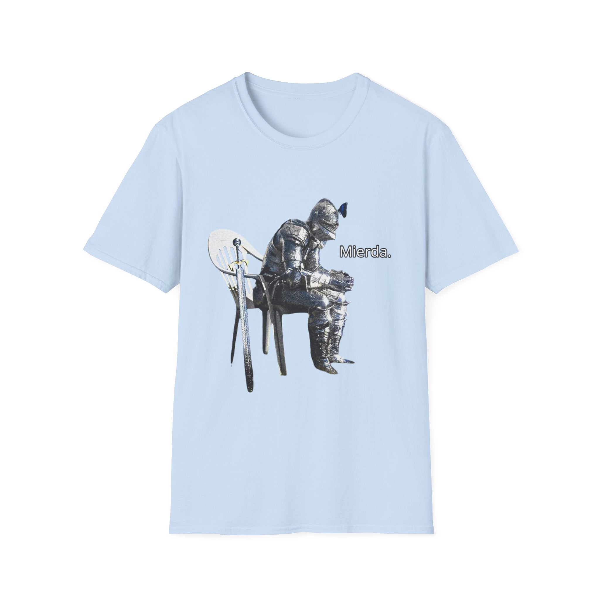 T-Shirt — Knight Sitting Graphic Tee with “Mierda.” Text, Funny Dark Humor Medieval Shirt