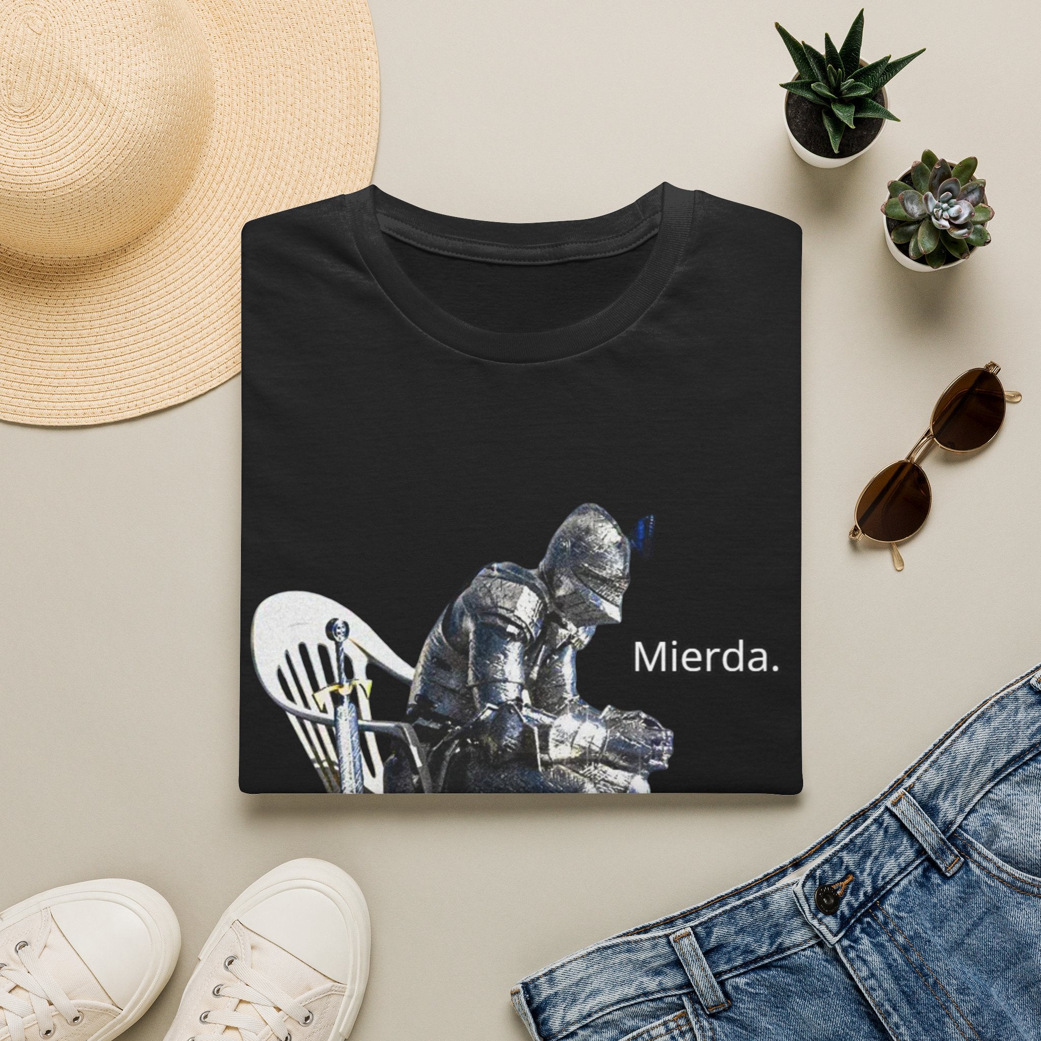 T-Shirt — Knight Sitting Graphic Tee with “Mierda.” Text, Funny Dark Humor Medieval Shirt
