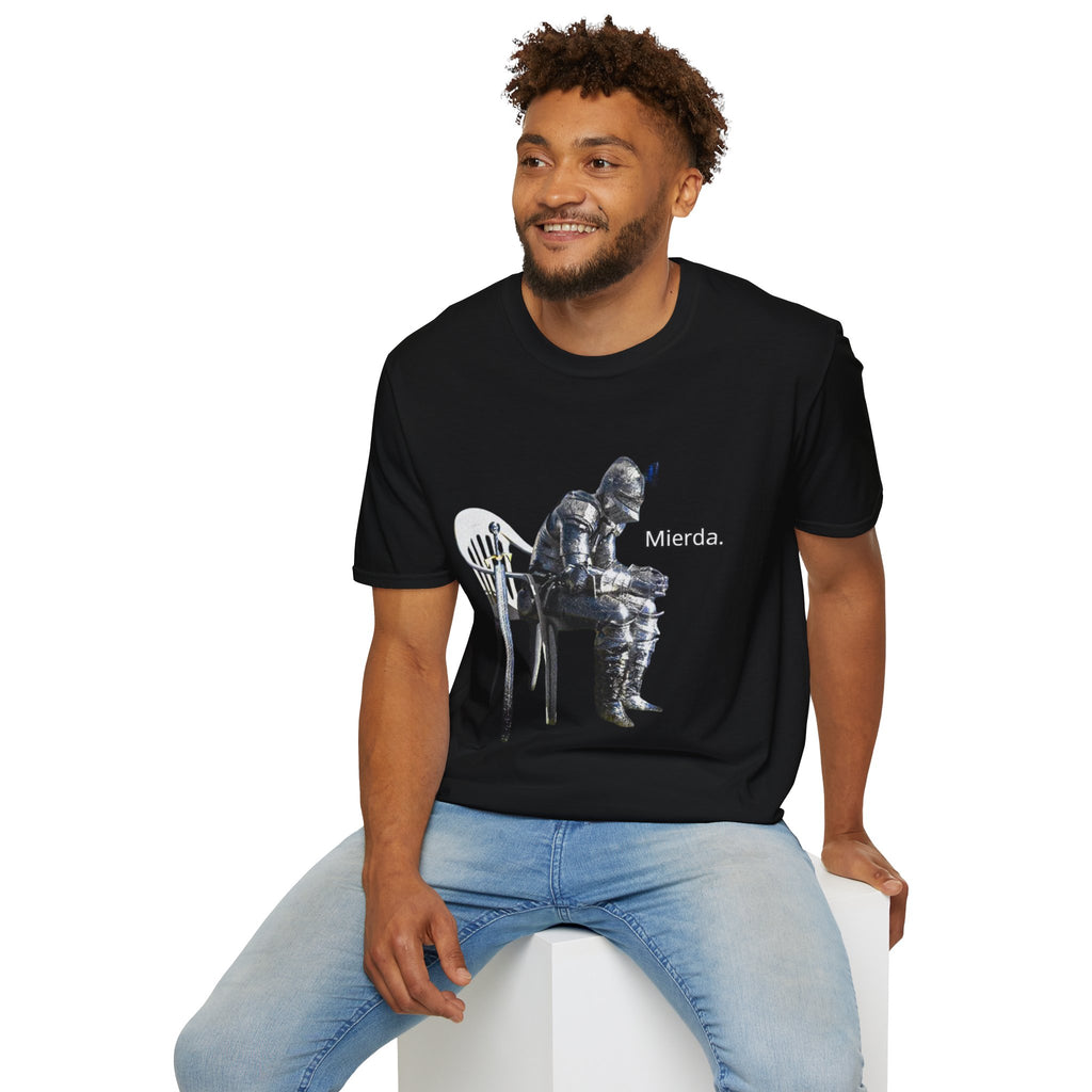 T-Shirt — Knight Sitting Graphic Tee with “Mierda.” Text, Funny Dark Humor Medieval Shirt