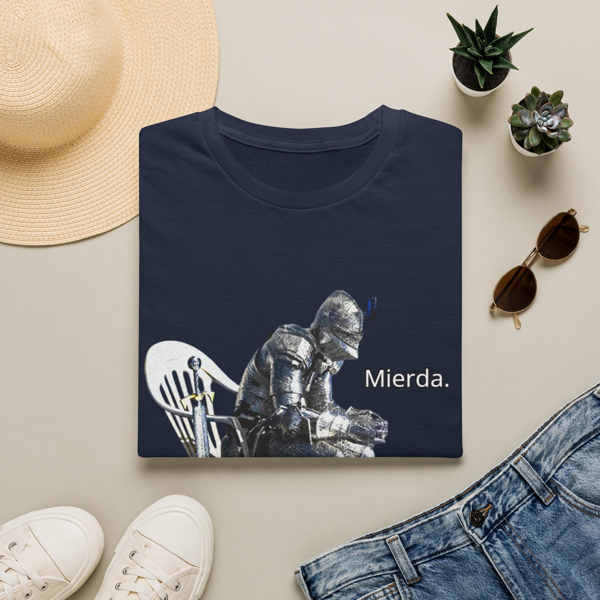 T-Shirt — Knight Sitting Graphic Tee with “Mierda.” Text, Funny Dark Humor Medieval Shirt