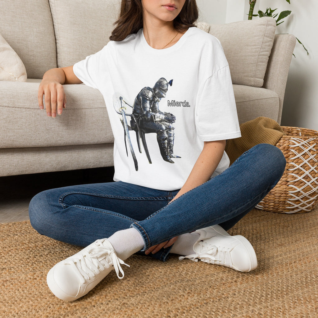 T-Shirt — Knight Sitting Graphic Tee with “Mierda.” Text, Funny Dark Humor Medieval Shirt