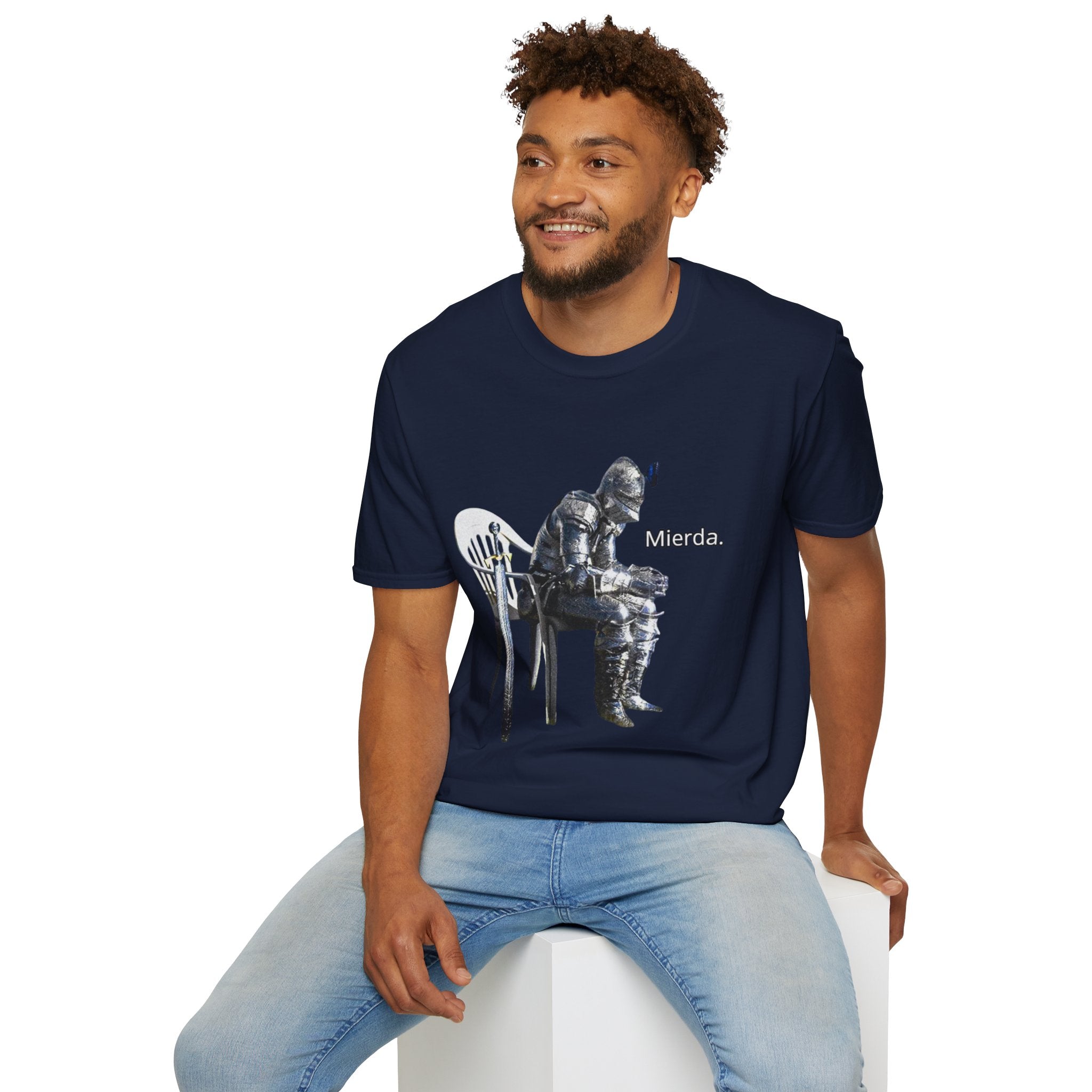 T-Shirt — Knight Sitting Graphic Tee with “Mierda.” Text, Funny Dark Humor Medieval Shirt